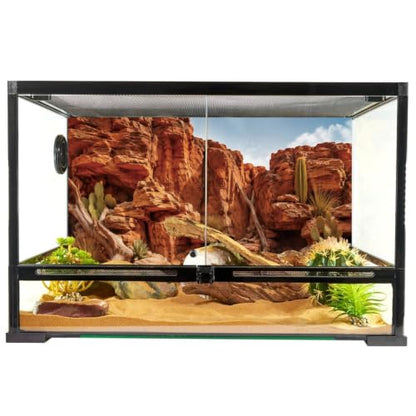 Desert Rock Cactus Reptile Habitat Background, 24x16 In Terrarium Backdrop | AWERT terrarium backdrop with weathered rock , driftwood, desert plants & sand substrate, polyester reptile habitat decor - size: 24x16in/60x40cm