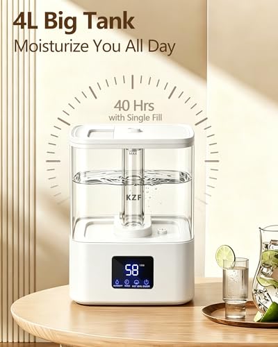 KZF 4L Top Fill Humidifiers for Bedroom & 40H Runtime - Cool Mist Humidifier, 3 Mist Levels, 8H Timer, Essential Oil Tray, Humidity Display, Quiet for Baby, Plants, Large Room (White, 4, Liters) - color: White