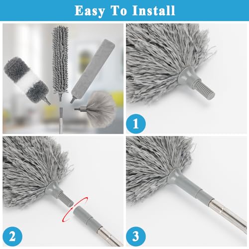 Microfiber Duster Kit 27pcs with 30 to 100 Inches Extension Pole and Wall Cleaner Mop, Washable and Bendable Feather Duster for Cleaning Ceiling Fans, High Ceilings, Cobwebs, Blinds, Grey - size: 27pcs