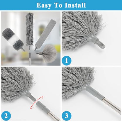 Microfiber Duster Kit 25pcs with 30 to 100 Inches Extension Pole and Baseboard Cleaner Tool, Washable and Bendable Feather Duster for Cleaning Ceiling Fans, High Ceilings, Cobwebs, Blinds,Grey - size: 25pcs
