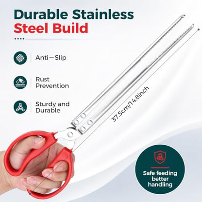 Snake Feeding Tongs, 15-Inch Stainless Steel Reptile Feeding Tongs with Serrated Tips | 15-Inch Reach, Secure Grip, One-Hand Control, Stainless Steel, For Reptiles