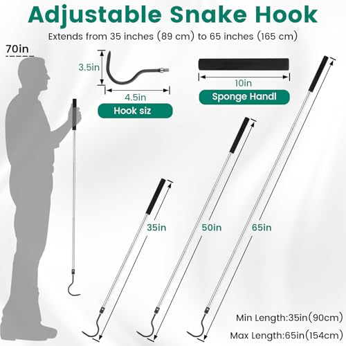 Snake Hook, 35"-65" Reptile Snake Hook Heavy Duty Long for Ball Python Rattlesnakes Rattle Copperhead Removal with Sponge Grip and Stainless Steel Rubber Tip Hook - size: 60inch