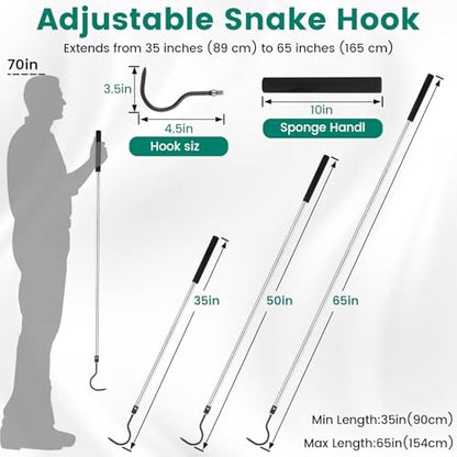 Snake Hook, 35"-65" Reptile Snake Hook Heavy Duty Long for Ball Python Rattlesnakes Rattle Copperhead Removal with Sponge Grip and Stainless Steel Rubber Tip Hook - size: 60inch