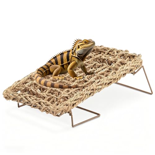 Bearded Dragon Hammock - Reptile Tank Accessories with Adjustable Metal Legs - Natural Seagrass Basking Platform Bed Habitat for Lizards, Leopard Gecko, Snake, Turtle, Hermit Crab and Frog (Rectangle)