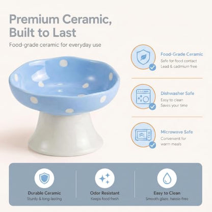 Blue Mushroom Cat Bowl, Elevated Ceramic Bowl for Cats | Cute Mushroom Design, Elevated, Ceramic, Whisker Friendly, Anti Vomiting - color: Blue