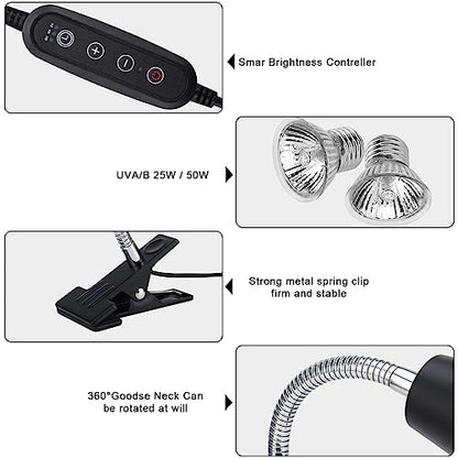 Reptile Heat Lamps, UVA/UVB Turtle Heat Lamp,Turtle Aquarium Light Bulbs, Heating Lamps with Cycle Timer, 360° Rotatable Heat Lamp for Lizard Turtle Snake Aquarium Aquatic Plants,2 Heat Bulbs - color: Light Stand With Timed Start and Stop and Dimmer