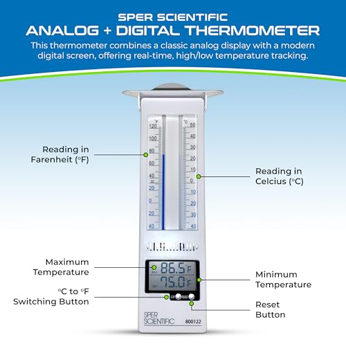 Sper Scientific Analog & Digital Min/Max Thermometer 800122 - Accurate Temperature Tracking, Weather-Resistant Design, Dual Display for Indoor & Outdoor Use, Ideal for Greenhouses, Labs & Food Storage - size: 1 Pack