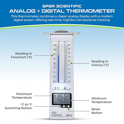 Sper Scientific Analog & Digital Min/Max Thermometer 800122 - Accurate Temperature Tracking, Weather-Resistant Design, Dual Display for Indoor & Outdoor Use, Ideal for Greenhouses, Labs & More - 2 pc - size: 2 Pack