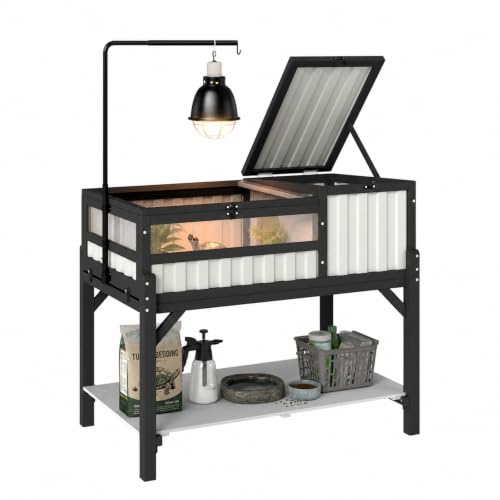 Large Tortoise Habitat with Storage Shelf, Wooden & Plastic Tortoise Enclosure with Adjustable Lamp Stand, Viewing Window, Pull-Out Tray, 2-Room Indoor Outdoor Reptile Turtle House - size: 39"L x 22.8"W x 33"H