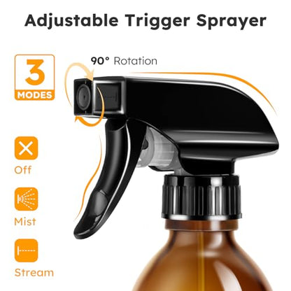 Tecohouse Glass Spray Bottles 8oz, 2 Pack Amber Glass Spray Bottles | Empty Glass Spray Bottles for cleaning, Plants, Pets, Hair, Durable Spray Nozzle, Fine Mist, Labels, Funnel, Pipettes - color: Amber