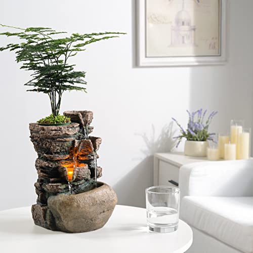 Haobos Indoor Fountain 4-Bowl Rockery Soothing Sound Tabletop Fountains Home/Office Decor with a Small Plastic Pot to Grow The Plant by Yourself(Automatic Watering)