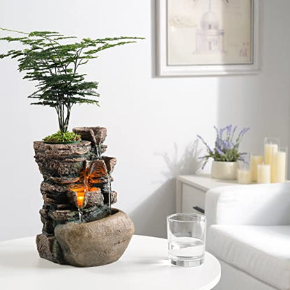 Haobos Indoor Fountain 4-Bowl Rockery Soothing Sound Tabletop Fountains Home/Office Decor with a Small Plastic Pot to Grow The Plant by Yourself(Automatic Watering)