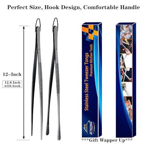 JETKONG 2 Pcs 12-Inch Food Tweezer Tongs, Stainless Steel Kitchen Tweezer Cooking Tweezers (Black) - color: Black, size: 12+12 Inch