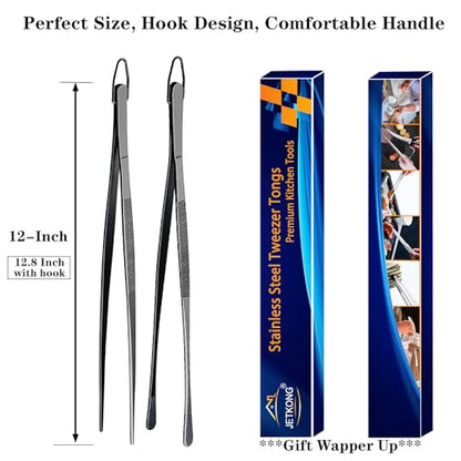 JETKONG 2 Pcs 12-Inch Food Tweezer Tongs, Stainless Steel Kitchen Tweezer Cooking Tweezers (Black) - color: Black, size: 12+12 Inch