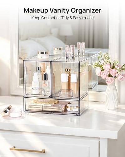 Vtopmart Stackable Storage Drawers Set of 3, Clear Plastic Organizer Bins for Bathroom Supplies, Ideal for Cabinet,Shelf, Pantry, Laundry Room Organization - style: 2 High+1 Wide
