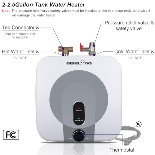 110V-120V 1440-1500W Small Under Sink Tank 2.5 Gallon Water Heater Hot Storage,Mini Instant Electric RV TR Trailer Kitchen Compact,Food Truck 2 PCs 16” Long 1/2”FIP Stainless Steel Hose (BI-2.5)