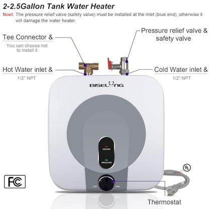 110V-120V 1440-1500W Small Under Sink Tank 2.5 Gallon Water Heater Hot Storage,Mini Instant Electric RV TR Trailer Kitchen Compact,Food Truck 2 PCs 16” Long 1/2”FIP Stainless Steel Hose (BI-2.5)