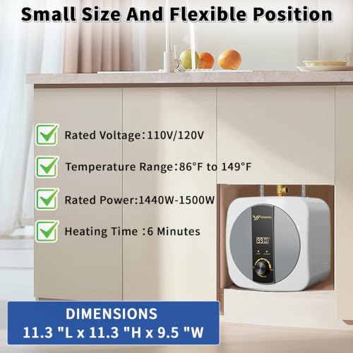 2.5 Gallon Mini Tank Electric Water Heater – 1500W 110V Under Sink Instant Hot Water Heater with Digital Display & Pressure Relief Valve, Compact Space-Saving Design for Kitchen, Bathroom, RV & Camper