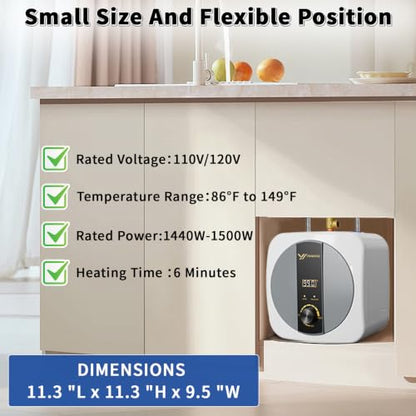 2.5 Gallon Mini Tank Electric Water Heater – 1500W 110V Under Sink Instant Hot Water Heater with Digital Display & Pressure Relief Valve, Compact Space-Saving Design for Kitchen, Bathroom, RV & Camper