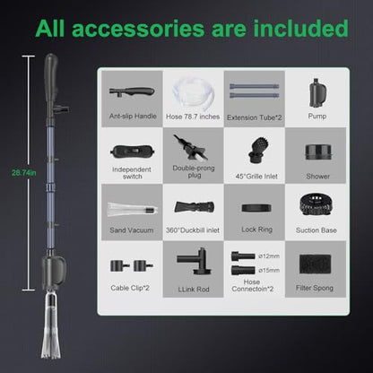 Electric Aquarium Gravel Cleaner, 36W 580 GPH Water Changer and Filter | Adjustable flow, 15 cm telescopic tube, 1.5 m hose, reusable sponge, low-water cleaning, and tool-free assembly