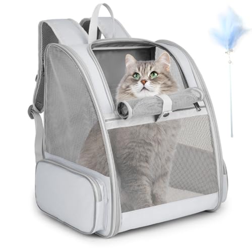 Cat Backpack Carrier, Large Pet Carrier Backpack with Kitten Wand Feather Toy for Medium Small Dog Cat Puppy Kitty Bunny up to 15lbs, Ventilated Mesh Kitten Bookbag for Travel Walking Outdoor (Grey) - color: Grey