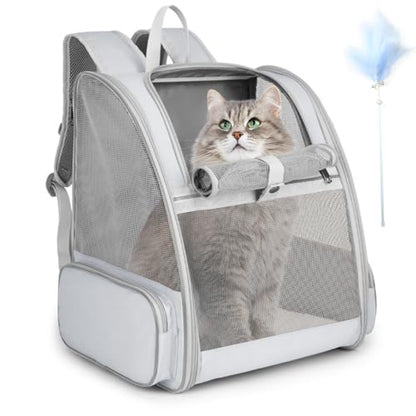 Cat Backpack Carrier, Large Pet Carrier Backpack with Kitten Wand Feather Toy for Medium Small Dog Cat Puppy Kitty Bunny up to 15lbs, Ventilated Mesh Kitten Bookbag for Travel Walking Outdoor (Grey) - color: Grey