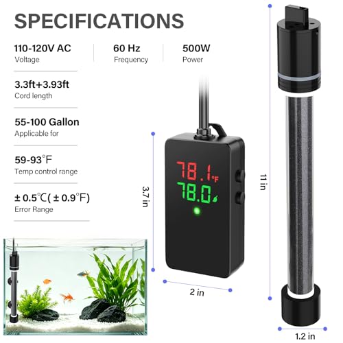 hygger ECO Precise 500W Aquarium Heater Submersible, for 55-100 Gallon Fish Tank, ±0.5℃ Dual Probe Controller, Overheat & Dry-Run Protection for Freshwater & Saltwater - size: 500W