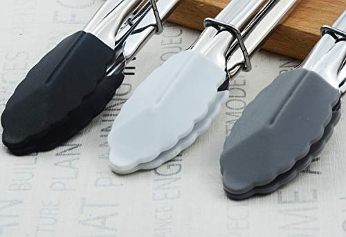 HINMAY 7-Inch Mini Tongs with Silicone Tips, Set of 3 (Black White Gray) | 7-Inch Small Serving Tongs - color: Black White Gray