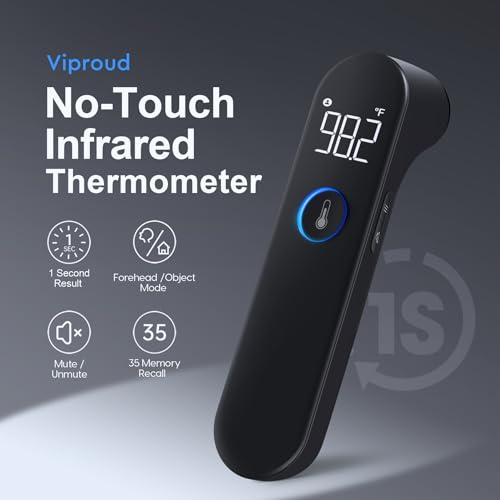 Viproud No-Touch Baby Thermometer for Adults and Kids, Fast & Accurate | 1 second Result, Fever Alarm, Mute Mode, Body & Object Mode, 35 Memory Recall, Baby Essentials, Lifetime Support - color: Black