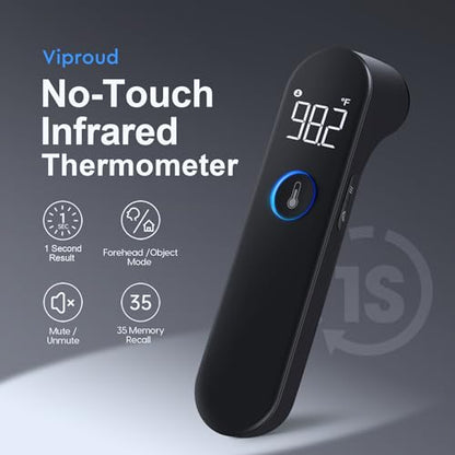 Viproud No-Touch Baby Thermometer for Adults and Kids, Fast & Accurate | 1 second Result, Fever Alarm, Mute Mode, Body & Object Mode, 35 Memory Recall, Baby Essentials, Lifetime Support - color: Black