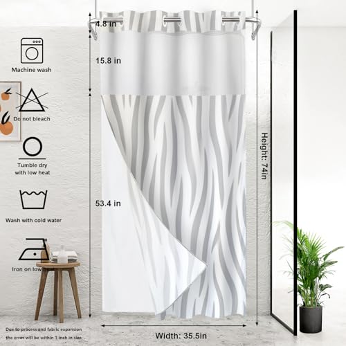 Graytiger Skin Print No Hooks Shower Curtain with Snap in Liner Set, Abstract Zebra Pattern Tub Curtainn Mesh Top Window & Magnetic Hem Waterproof 35.5X74 Inch - color: Graytiger Skin 1 Gray03, size: 35.4"W x 74"L (Pack of 1)