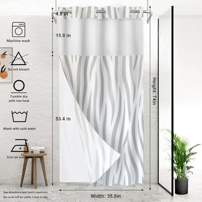 Graytiger Skin Print No Hooks Shower Curtain with Snap in Liner Set, Abstract Zebra Pattern Tub Curtainn Mesh Top Window & Magnetic Hem Waterproof 35.5X74 Inch - color: Graytiger Skin 1 Gray03, size: 35.4"W x 74"L (Pack of 1)