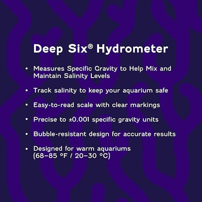 Coralife Deep Six Hydrometer for Aquarium Fish Tank Salinity | Salinity meter with easy-read scale, ±0.001 accuracy, bubble-resistant specific gravity hydrometer