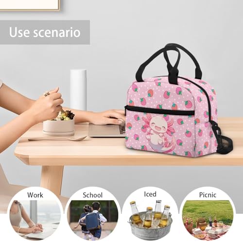 Axolotl Kids Lunch Box Girls Strawberry Lunch Bag Reptiles Insulated Lunch Bag Outdoor Pink Picnic Lunch Boxes Camping Cute Lunchbox for School Lunchbag - color: Axolotl Strawberry