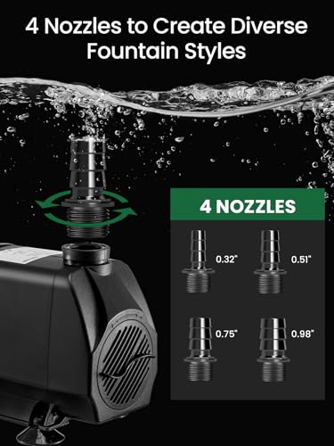 GROWNEER 1250GPH Submersible Pump 110W Fountain Water Pump 4700L/H, with 14.7ft High Lift, 4 Nozzles for Aquarium, Fish Tank, Pond, Hydroponics, Statuary, Garden, Black (1250GPH) - size: 1250GPH