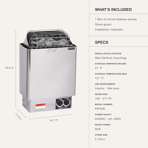 Harvia KIP Sauna Heater, Wall Mounted Electric Sauna Stove, Stainless Steel 240v Heater with Sauna Stones Included, Large Stone Cavity for Maximum Heat Release (6kW- Dials) - style: 6kW- Dials
