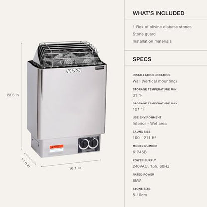 Harvia KIP Sauna Heater, Wall Mounted Electric Sauna Stove, Stainless Steel 240v Heater with Sauna Stones Included, Large Stone Cavity for Maximum Heat Release (8kW - Dials) - style: 8kW - Dials