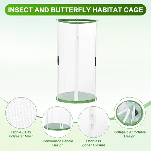 M METERXITY Butterfly Habitat Cage Terrarium, Outdoor Collapsible Mesh Pop-up with Zipper Protection for Breeding Butterfly/Ladybug, Mesh Plant Enclosure [White with Green, 12 x 12 x 24 Inch] - size: 12 x 12 x 24 Inch