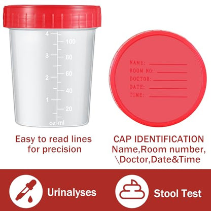 Geiserailie 100 Pcs Urine Cups 4oz Disposable Specimen Container,Red | Pee Cups for Testing, Leak Proof Screw on Lids for Safe Urinalysis Pee Stool Sample Collection Analysis - color: Red