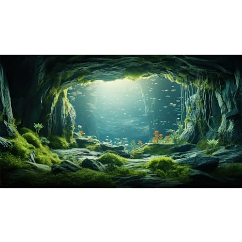Underwater Cave Aquarium Background Under The Sea World Large Rock Fish Tank Background Aquatic Plant Lush Green Moss Reptile Tank Backgrounds Cave Landscape Reptile Enclosure Background 30x18in - color: Bright Green, size: 30(W)x18(H)inches/ 75(W)*45cm(H