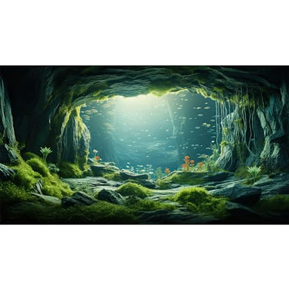 Underwater Cave Aquarium Background Under The Sea World Large Rock Fish Tank Background Aquatic Plant Lush Green Moss Reptile Tank Backgrounds Cave Landscape Reptile Enclosure Background 24x12in - color: Bright Green, size: 24(W)x12(H)inches/ 60(W)*30cm(H