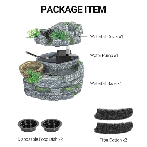 REPTI ZOO Reptile Water Fountain with Food Dish, 550ML Terrarium Waterfall Drinking Fountain for Bearded Dragon Gecko Chameleon Lizard Tree Frog Turtle, Reptile Water Dispenser, Keep Water Clear