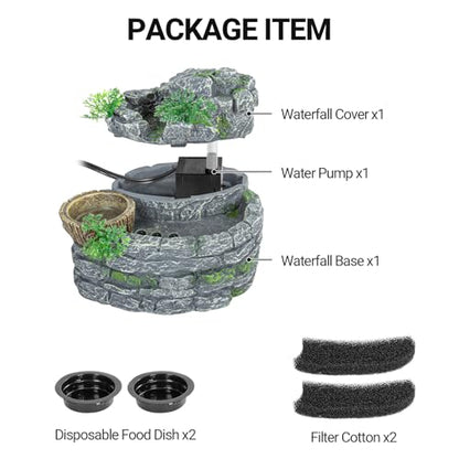 REPTI ZOO Reptile Water Fountain with Food Dish, 550ML Terrarium Waterfall Drinking Fountain for Bearded Dragon Gecko Chameleon Lizard Tree Frog Turtle, Reptile Water Dispenser, Keep Water Clear