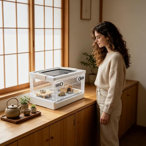 Foldable Reptile Glass Terrarium Tank, Pet Enclosure with Ventilation Mesh | Clear Small Space-Saving Desktop Habitat Carrier with Safety Latchesfor Bearded Dragon, Geckos, Snakes - color: White