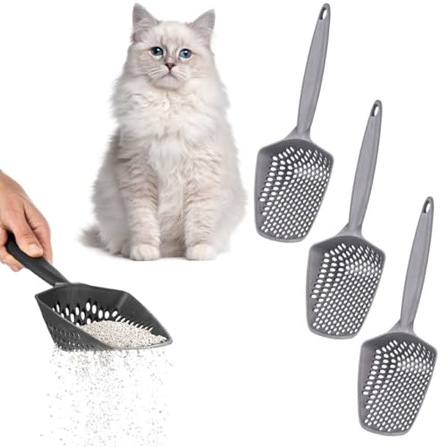 Set of 3 Cat Litter Scoop with Small Holes, Deep Sifting Shovel for Fine Litter, Reptile Terrarium Sand & Rabbit Pooper Lifter, Hanging Handle Poop Scooper (Gray, Set of 3) - color: Gray, size: Set of 3