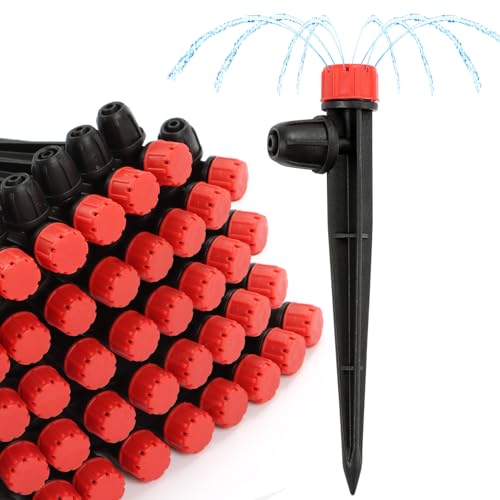 RedChili 50 Pieces Drip Emitters for 1/4" Drip Irrigation Tubing, Adjustable 360 Degree Stream Drip Emitters with Stake 360° Full Circle 8 Hole Stream Emitters Garden Irrigation Micro Drippers - size: 50P Multi-stream Emitter