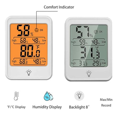 Digital Thermometer Hygrometer, Indoor Humidity Monitor with Backlight | Max/min record, magnetic mount. Ideal for baby room, bedroom, home, office, wine cellar, white