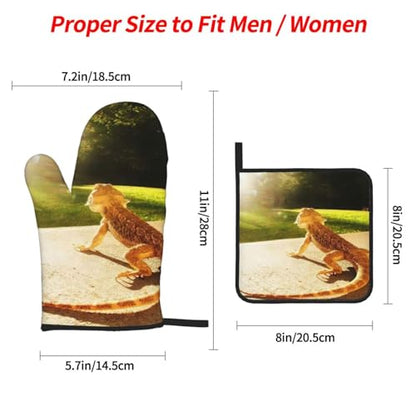 Beard Dragon Lizard Animal Reptile Heat Resistant Oven Mitts and Pot Holders Set of 4-500°f Protection Utensil Pocket for Grilling, Baking, Cooking