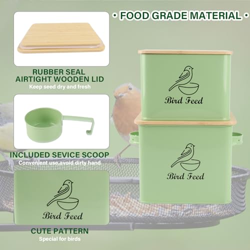 Bird Seed Storage Container Set of 2,10LB Bird Food Container-Green | Metal Bird Seed Container with Bamboo Lids, Airtight Wild Bird Seed Tin for Storing Sunflower Seed-Squirrel proof - color: Green(Bird Feed)