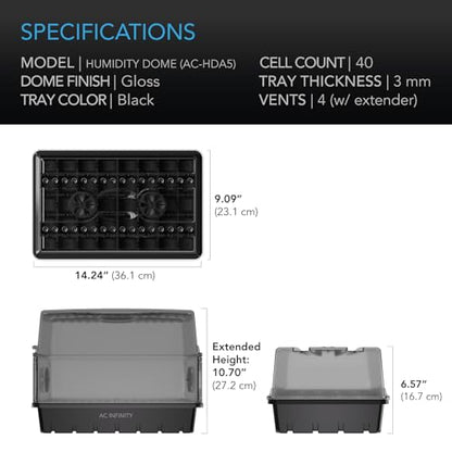 AC Infinity Humidity Dome, Heavy-Duty Germination Kit with 3 mm Thick Dome, Sturdy Drip Tray, 5x8 Cell Seedling Tray, and Vented Height Extension Panels, for Seed Starting, Propagation, Cloning Plants | Dome, Sturdy Drip Tray, 5x8 Cell Seedling Tray, Vent